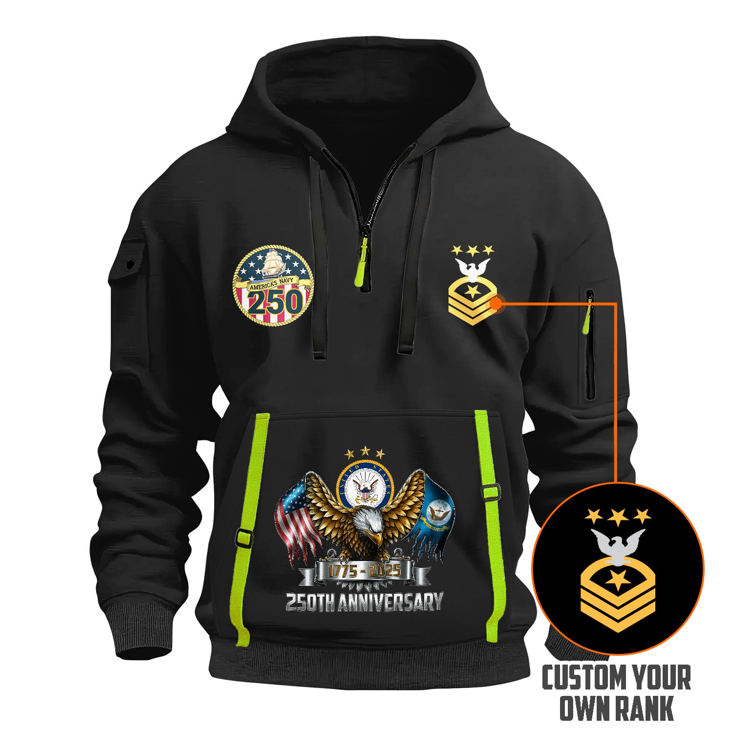 Custom US Navy Ranks Quarter Zip Hoodie TQZ05