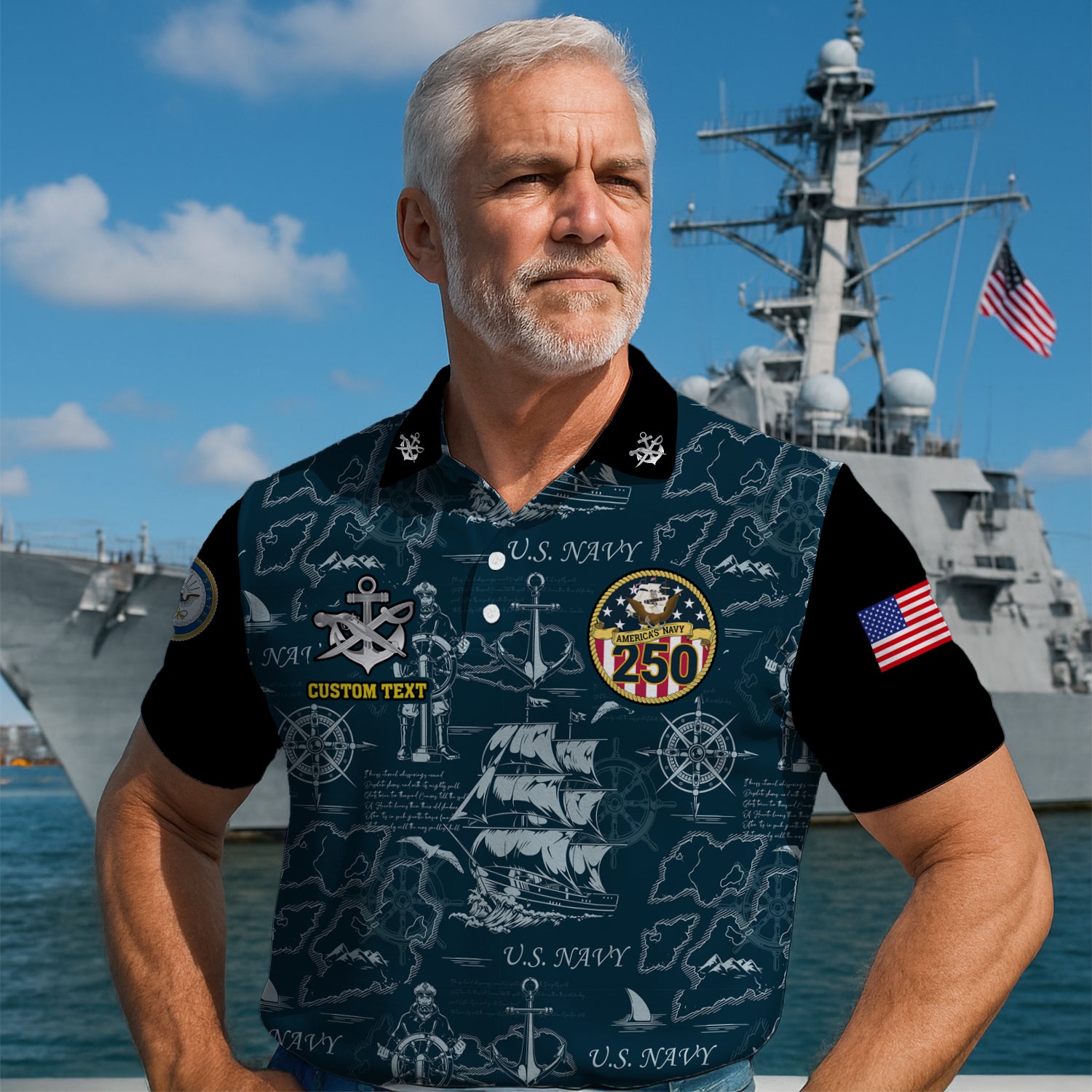 US Navy 250th Anniversary Polo Shirt – Ship Map Design with Custom Rank
