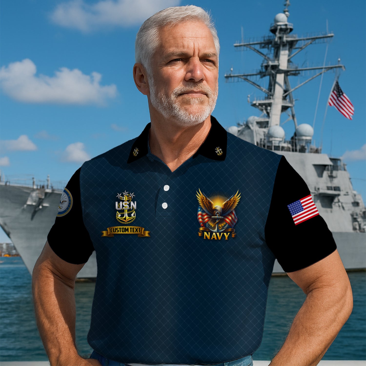 US Navy Polo Shirt – Eagle & Flag Emblem Design with Custom Rank