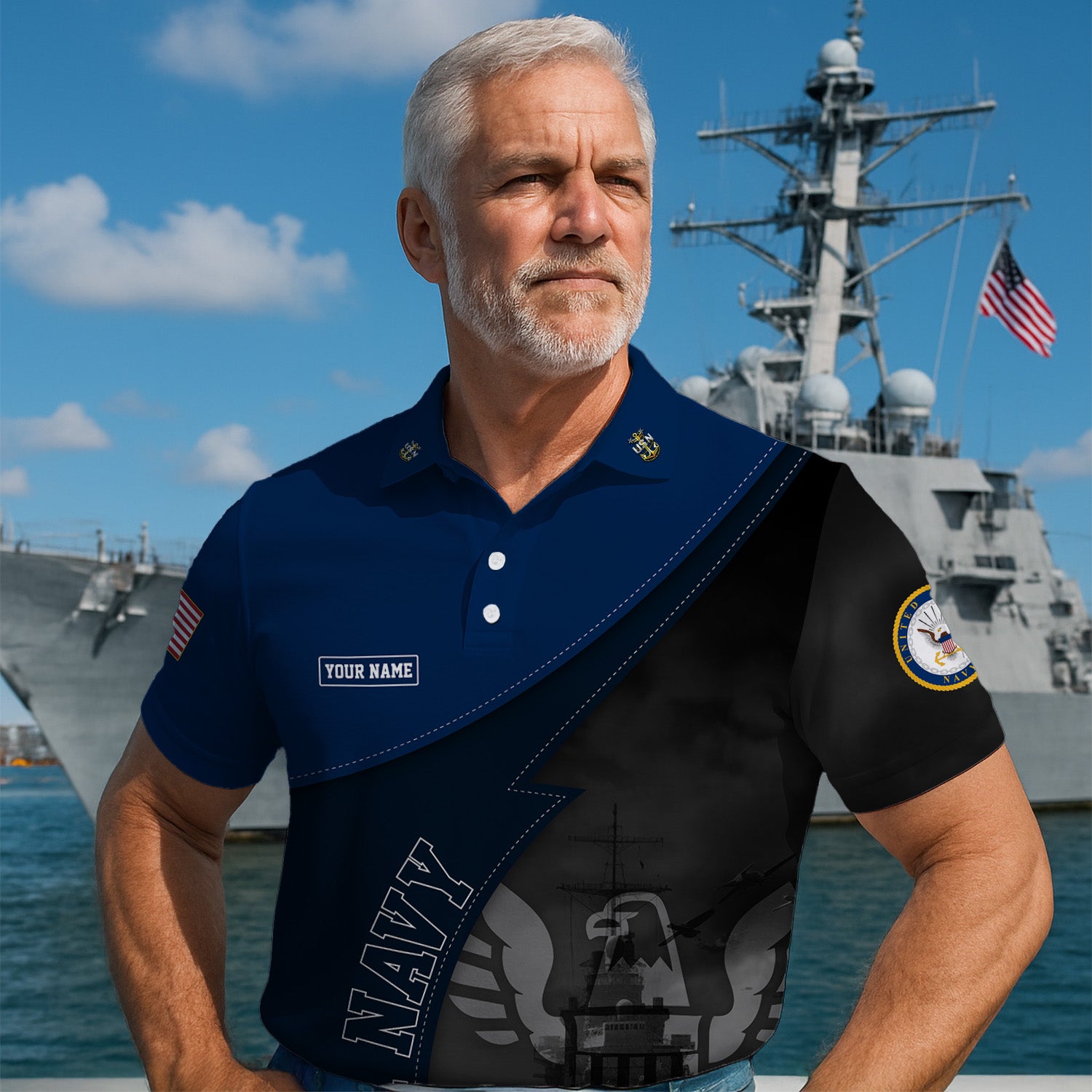 US Navy Polo Shirt – Warship & Eagle Shadow Design with Custom Rank