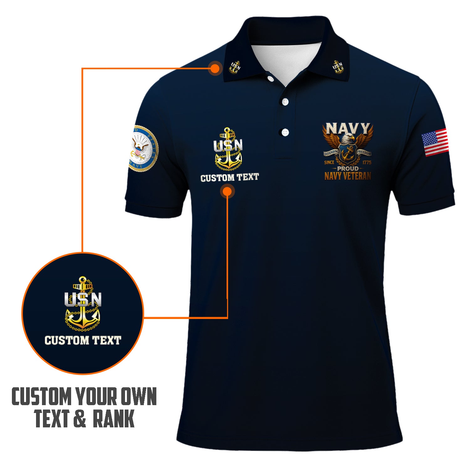 US Navy Veteran Polo Shirt – 250th Anniversary Custom Rank & Text