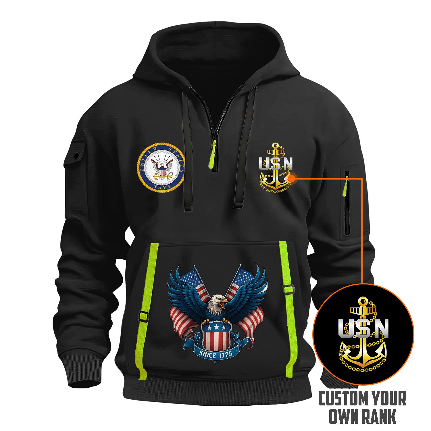 Custom US Navy Ranks Quarter Zip Hoodie TQZ01