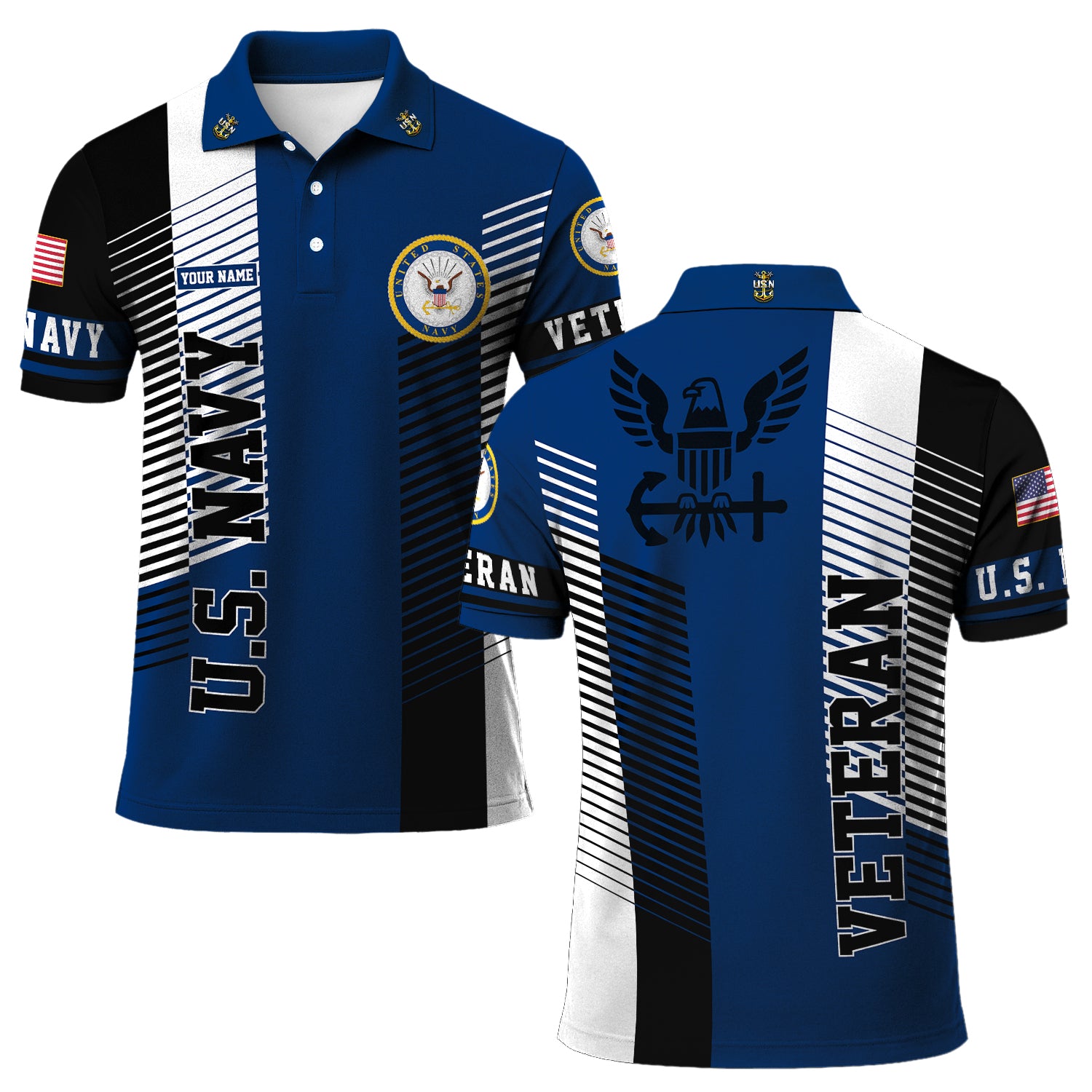 US Navy Veteran Polo Shirt – Modern Stripe Design with Custom Rank & Text