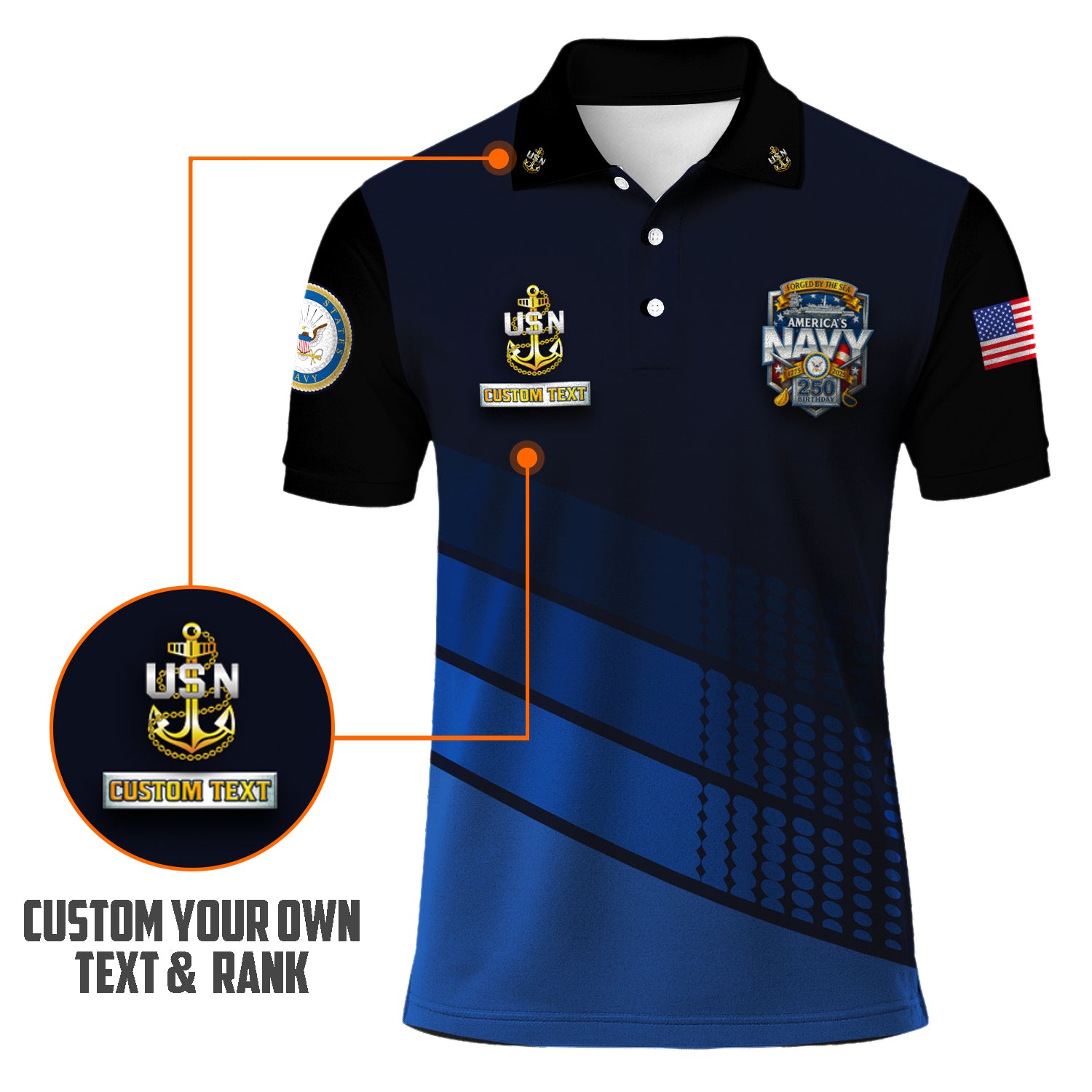 US Navy 250th Anniversary Polo Shirt – Modern Blue Design with Custom Rank