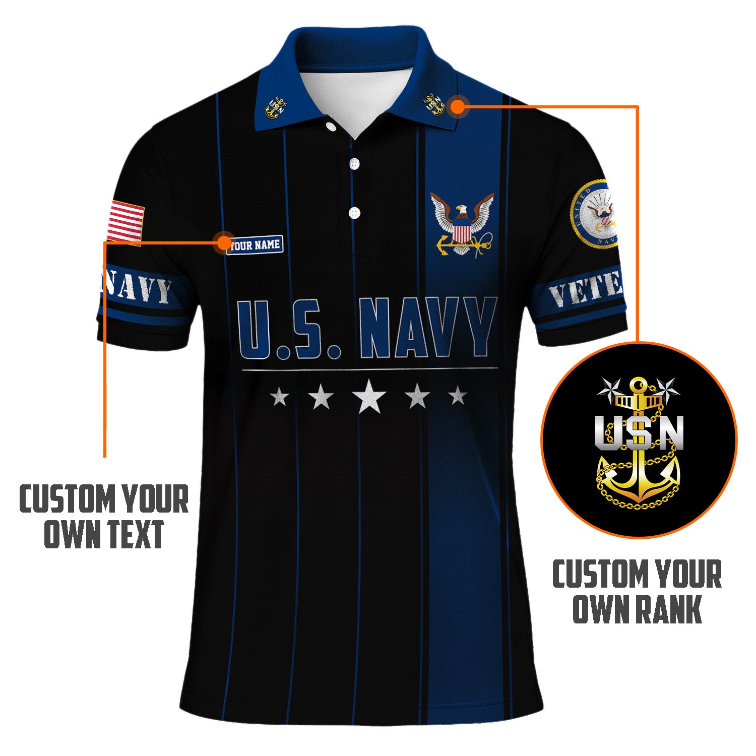 US Navy Polo Shirt – Black & Blue Stripes with Stars Custom Rank