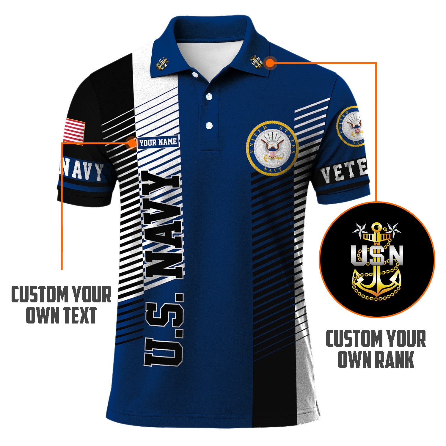 US Navy Veteran Polo Shirt – Modern Stripe Design with Custom Rank & Text