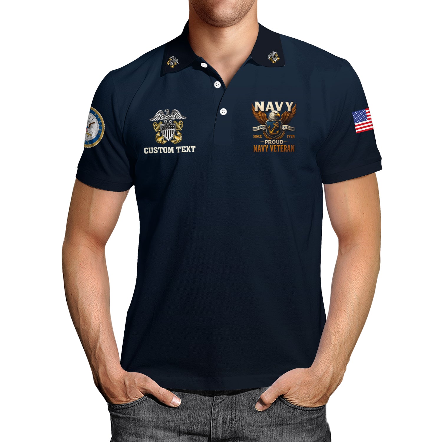 US Navy Veteran Polo Shirt – 250th Anniversary Custom Rank & Text
