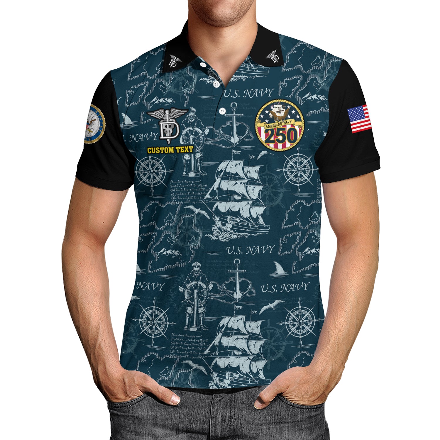 US Navy 250th Anniversary Polo Shirt – Ship Map Design with Custom Rank