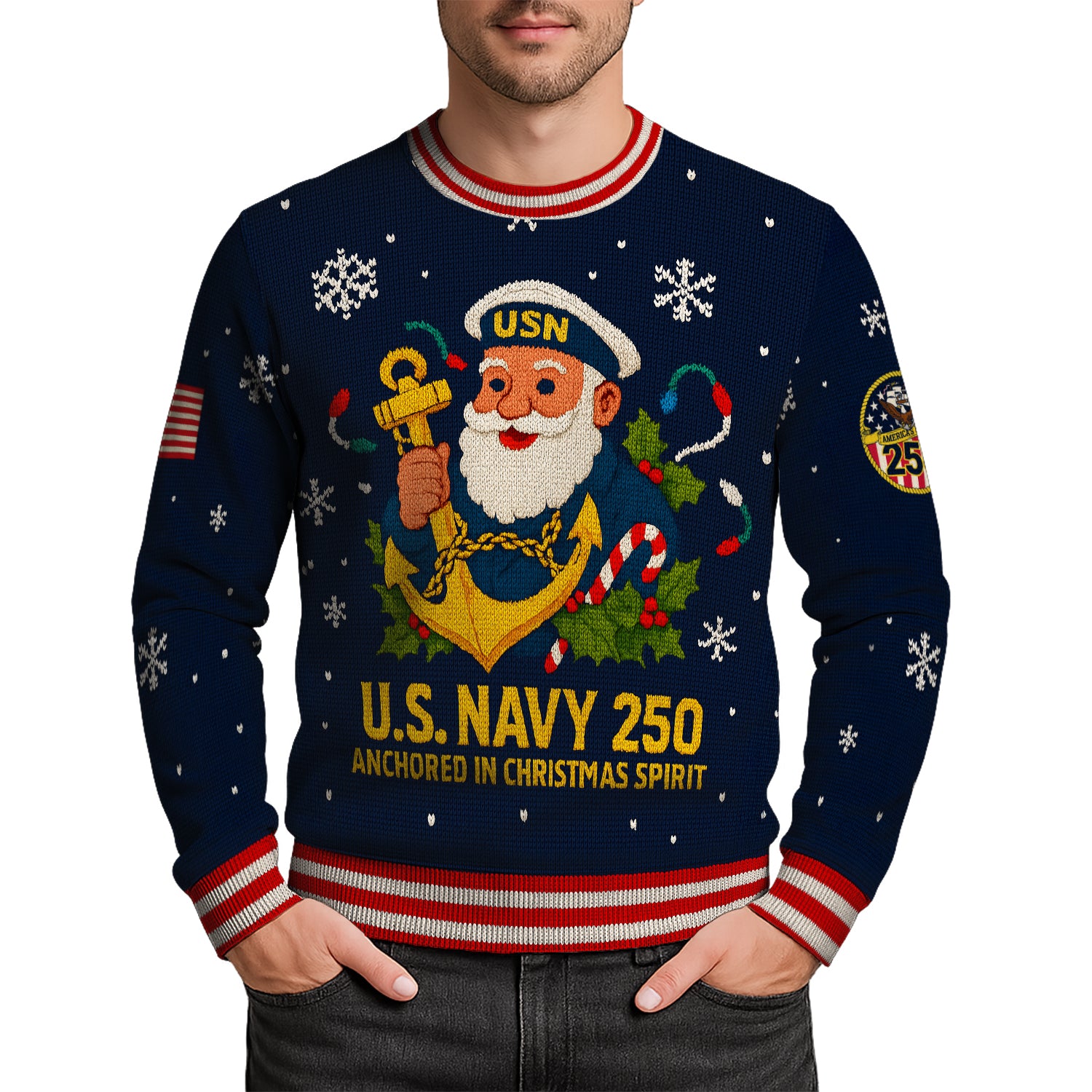 US Navy 250 Anchored In Christmas Spirit Christmas Ugly Sweater