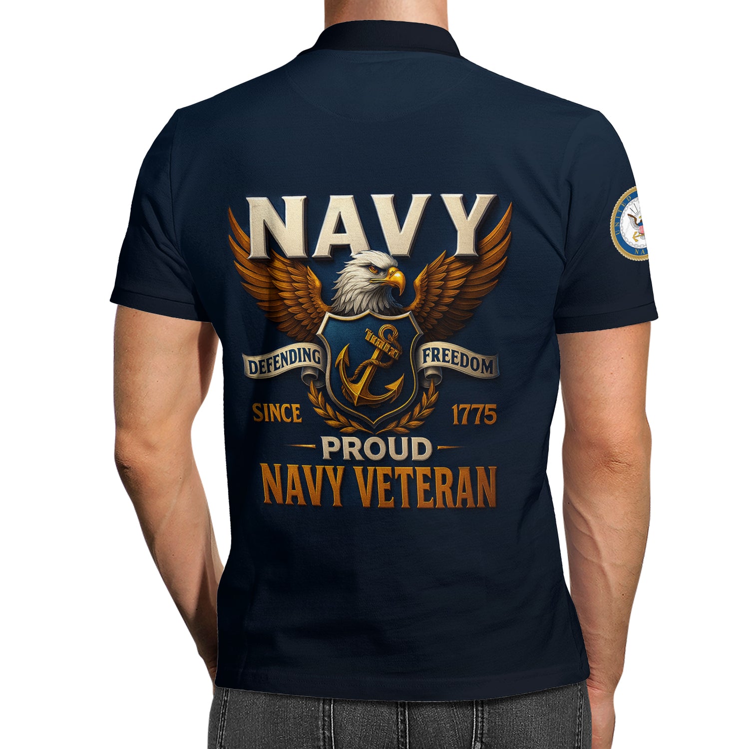 US Navy Veteran Polo Shirt – 250th Anniversary Custom Rank & Text