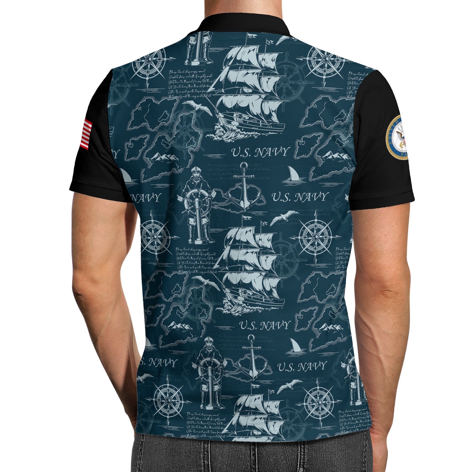 US Navy 250th Anniversary Polo Shirt – Ship Map Design with Custom Rank