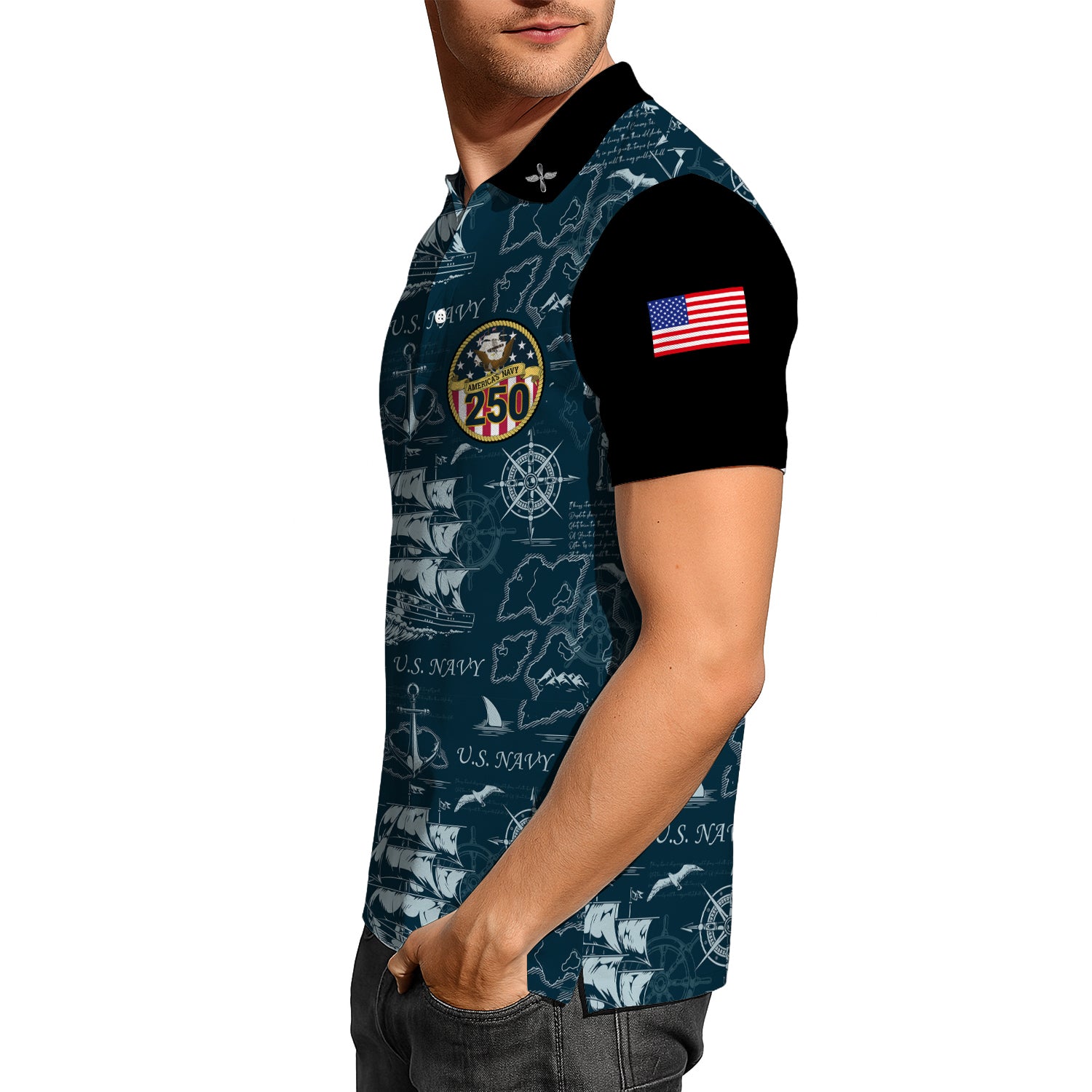 US Navy 250th Anniversary Polo Shirt – Ship Map Design with Custom Rank