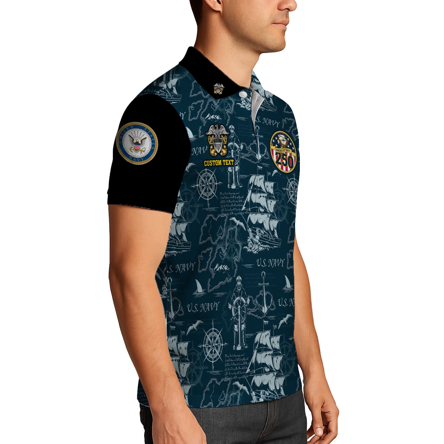 US Navy 250th Anniversary Polo Shirt – Ship Map Design with Custom Rank