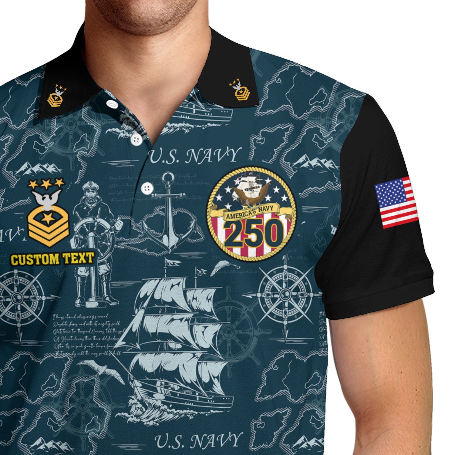 US Navy 250th Anniversary Polo Shirt – Ship Map Design with Custom Rank
