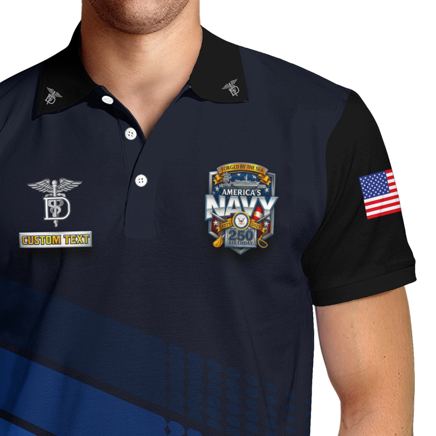 US Navy 250th Anniversary Polo Shirt – Modern Blue Design with Custom Rank