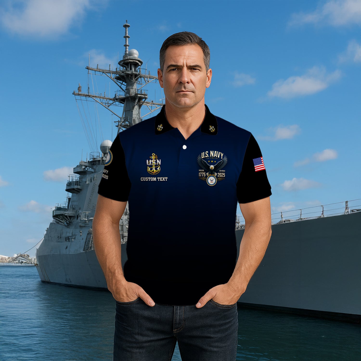 US Navy 250th Anniversary Polo Shirt – Gradient Design with Custom Rank & Text