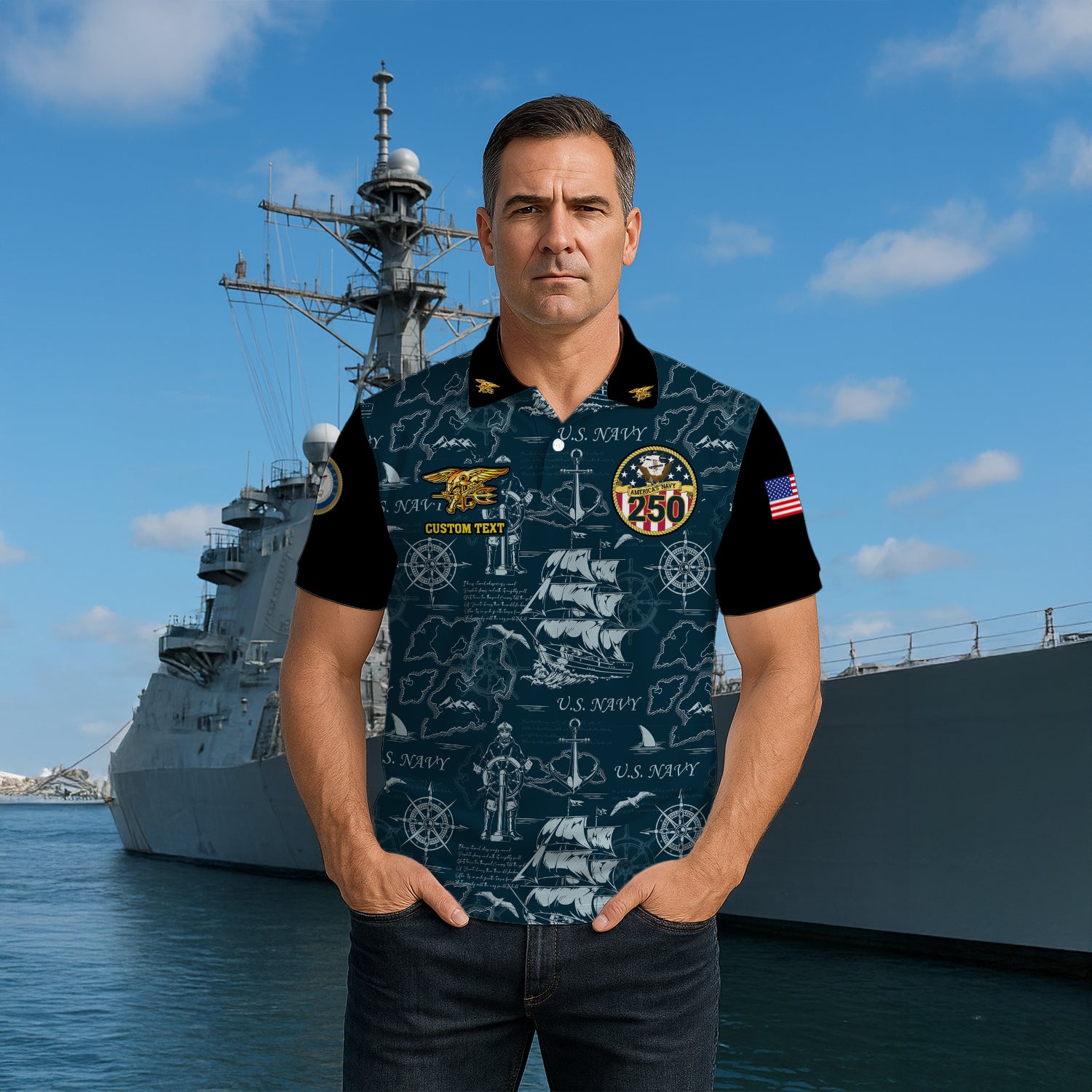 US Navy 250th Anniversary Polo Shirt – Ship Map Design with Custom Rank