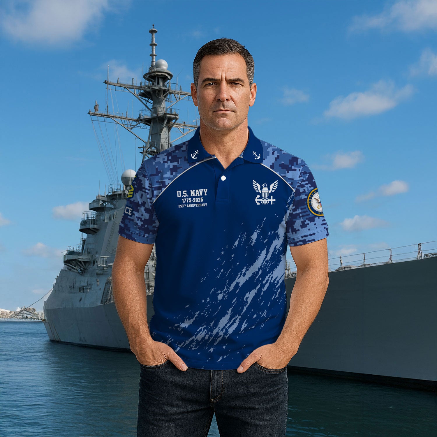 US Navy 250th Anniversary Polo Shirt – Digital Camo Design with Custom Rank