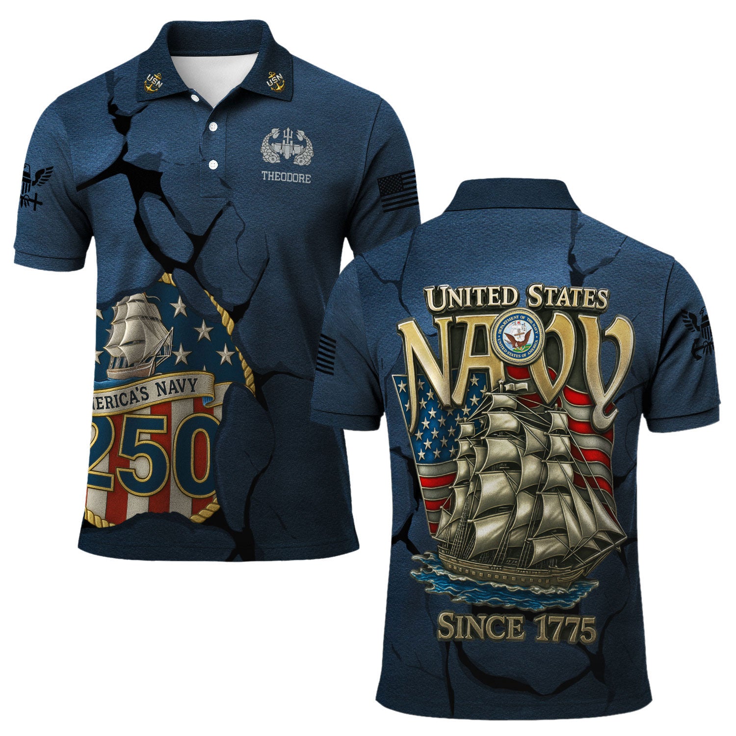 US Navy 250th Anniversary Polo Shirt – Cracked Stone Effect with Custom Rank