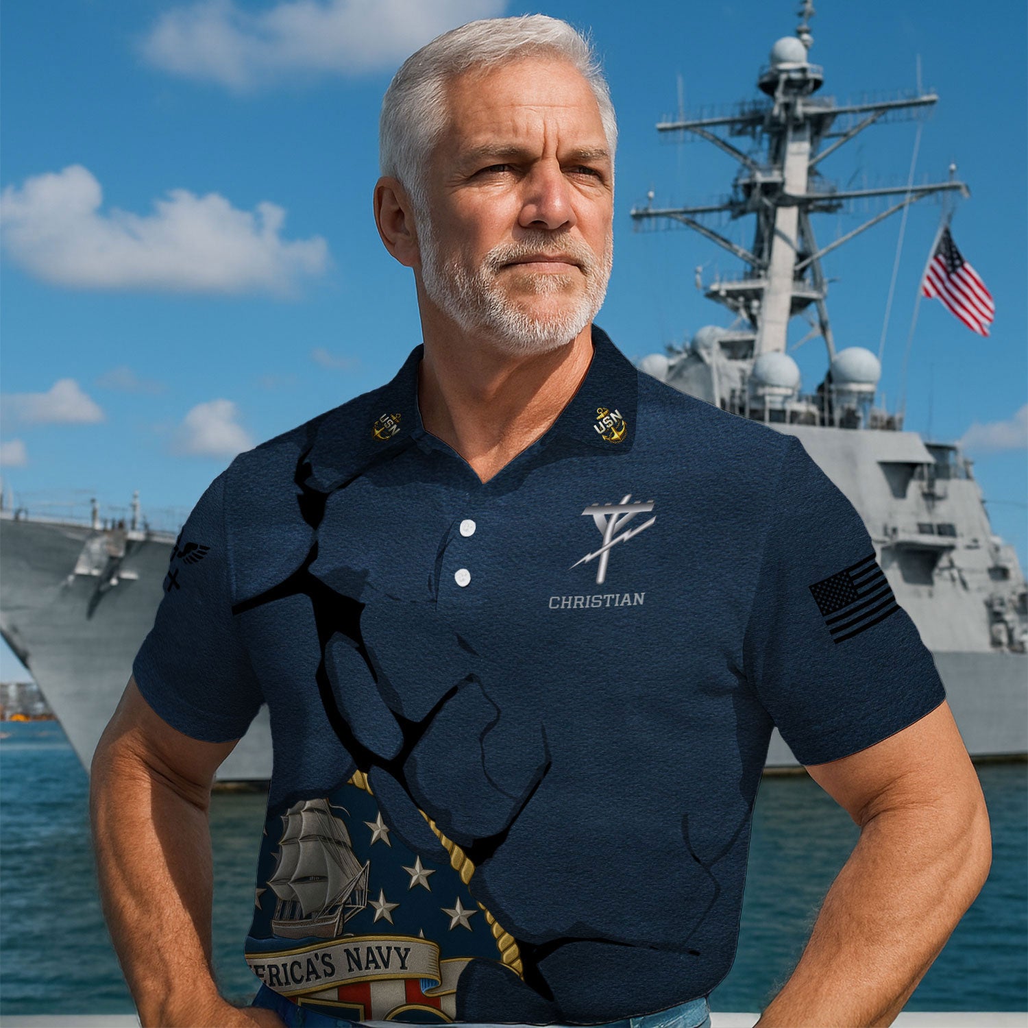 US Navy 250th Anniversary Polo Shirt – Cracked Stone Effect with Custom Rank