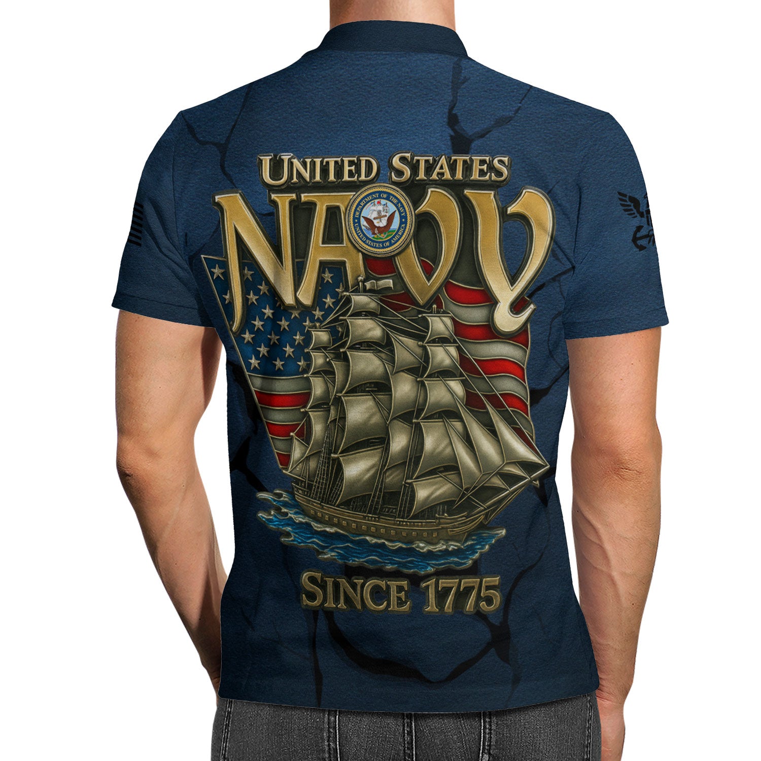 US Navy 250th Anniversary Polo Shirt – Cracked Stone Effect with Custom Rank