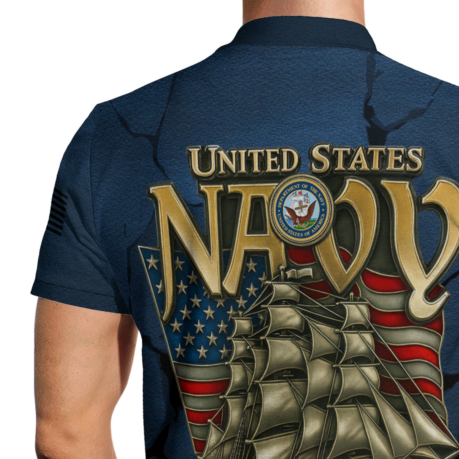 US Navy 250th Anniversary Polo Shirt – Cracked Stone Effect with Custom Rank