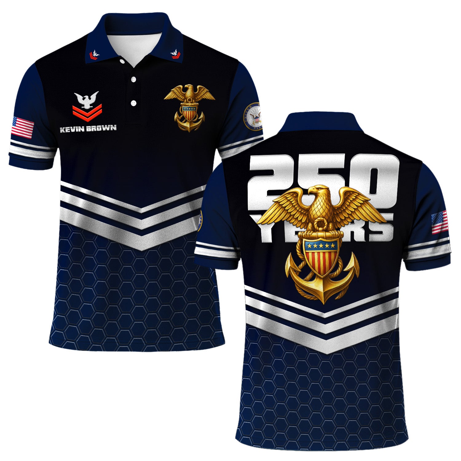 US Navy Polo Shirt – Chevron Stripes & Hex Pattern Custom Rank Edition
