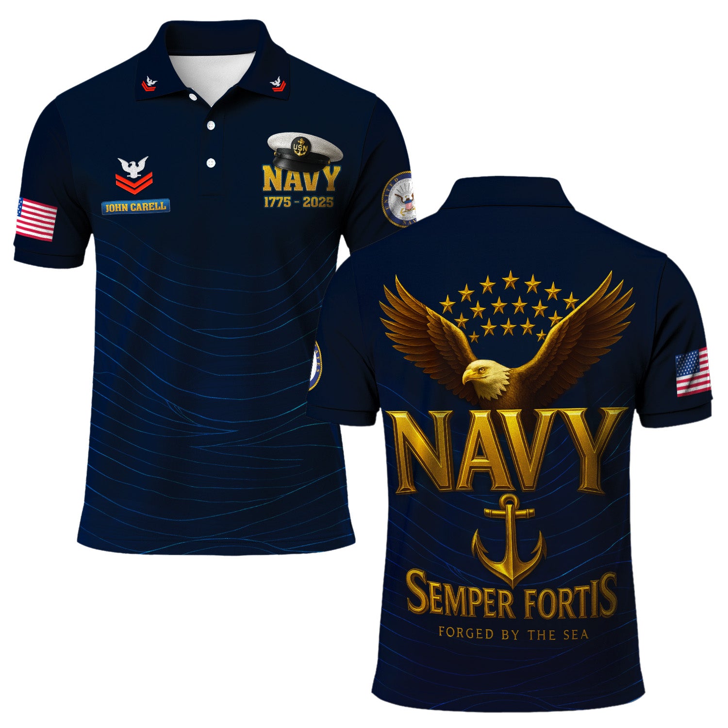 US Navy 250th Anniversary Polo Shirt – Sailor Cap Design with Custom Rank