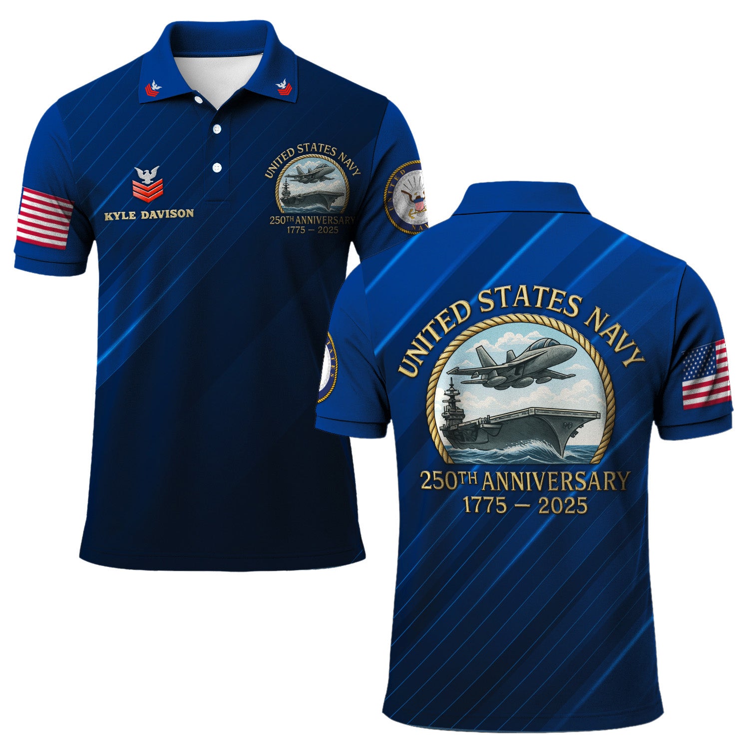 US Navy 250th Anniversary Polo Shirt – Custom Rank & Aircraft Tribute Design