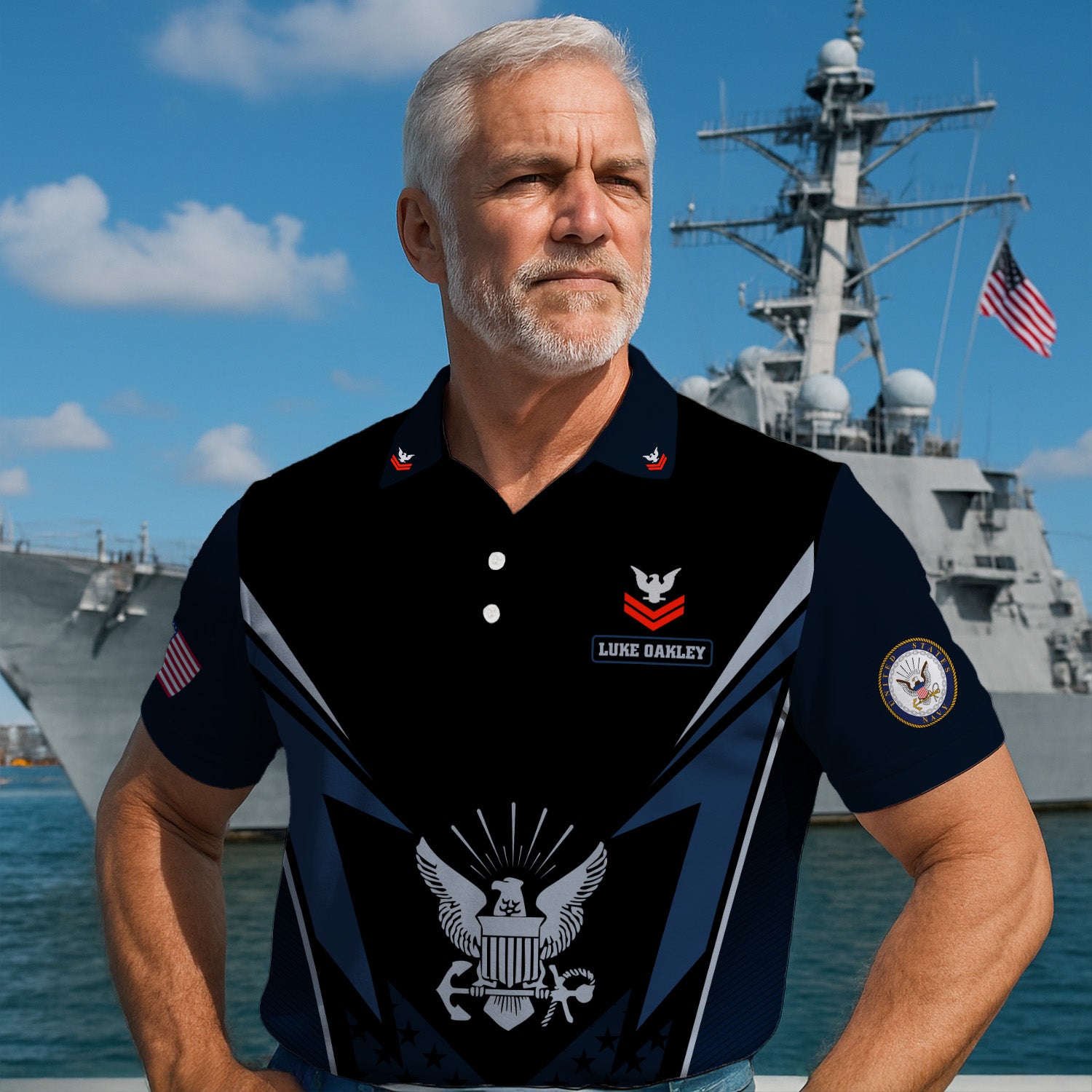 US Navy Polo Shirt – Lightning Eagle Design with Custom Rank & Text