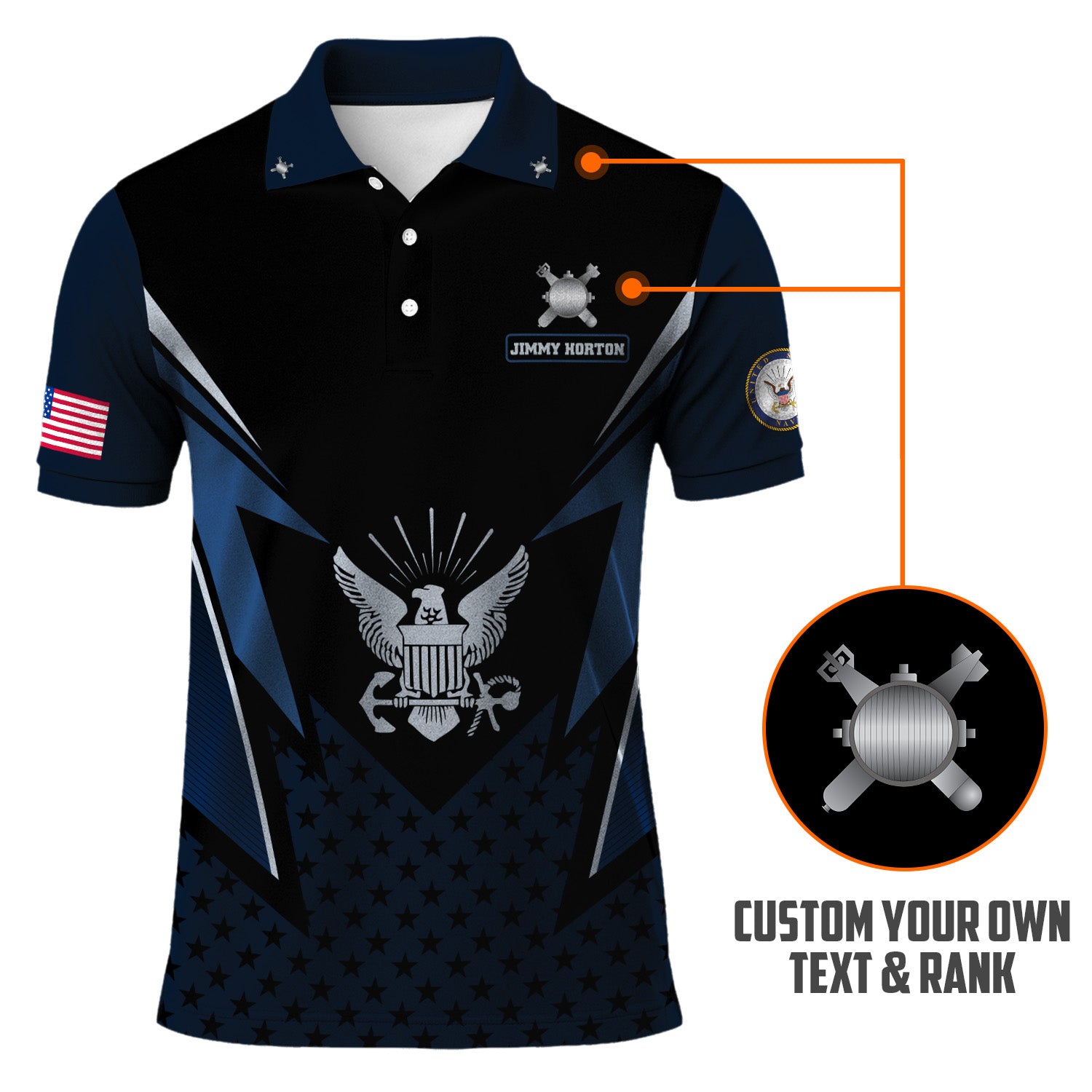 US Navy Polo Shirt – Lightning Eagle Design with Custom Rank & Text