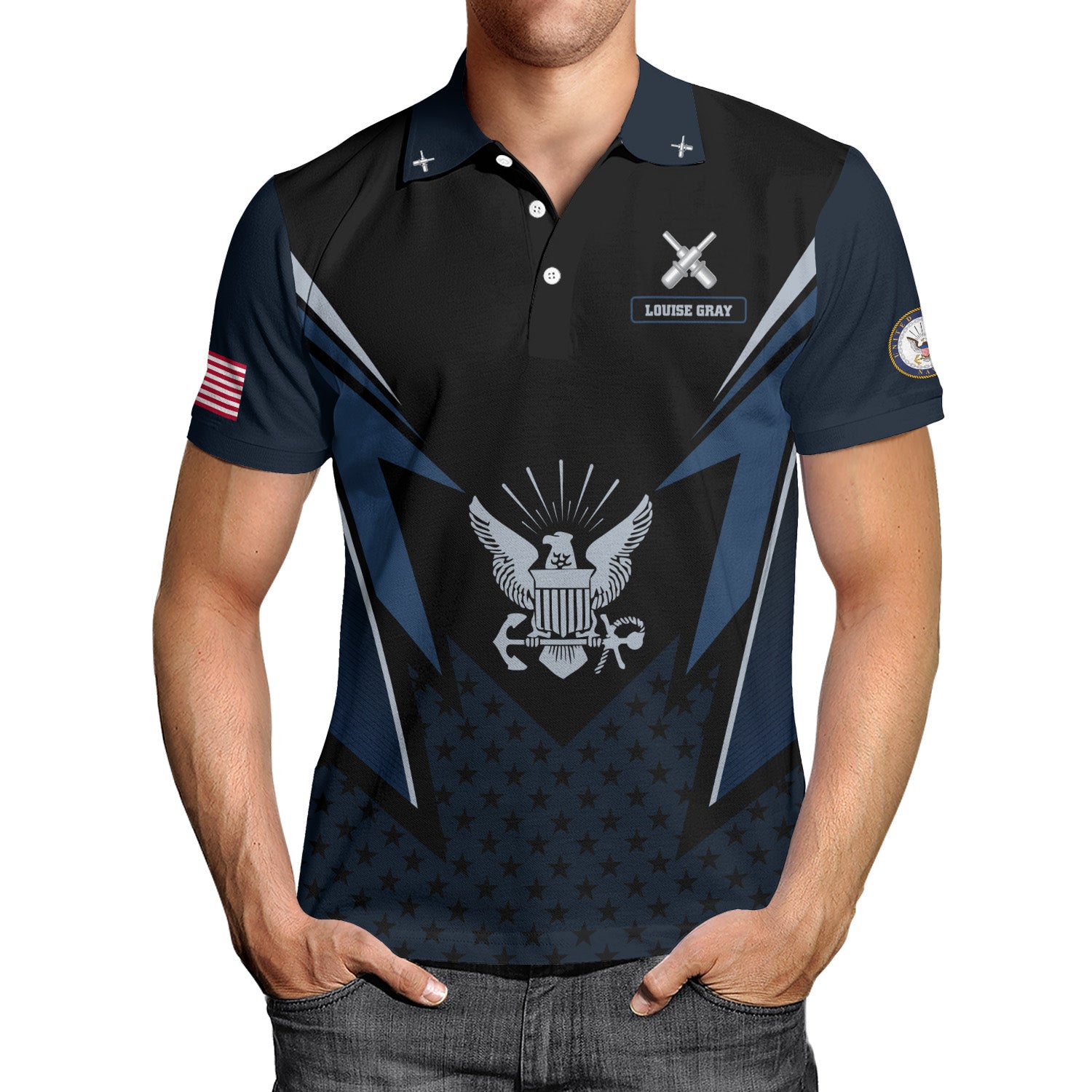 US Navy Polo Shirt – Lightning Eagle Design with Custom Rank & Text