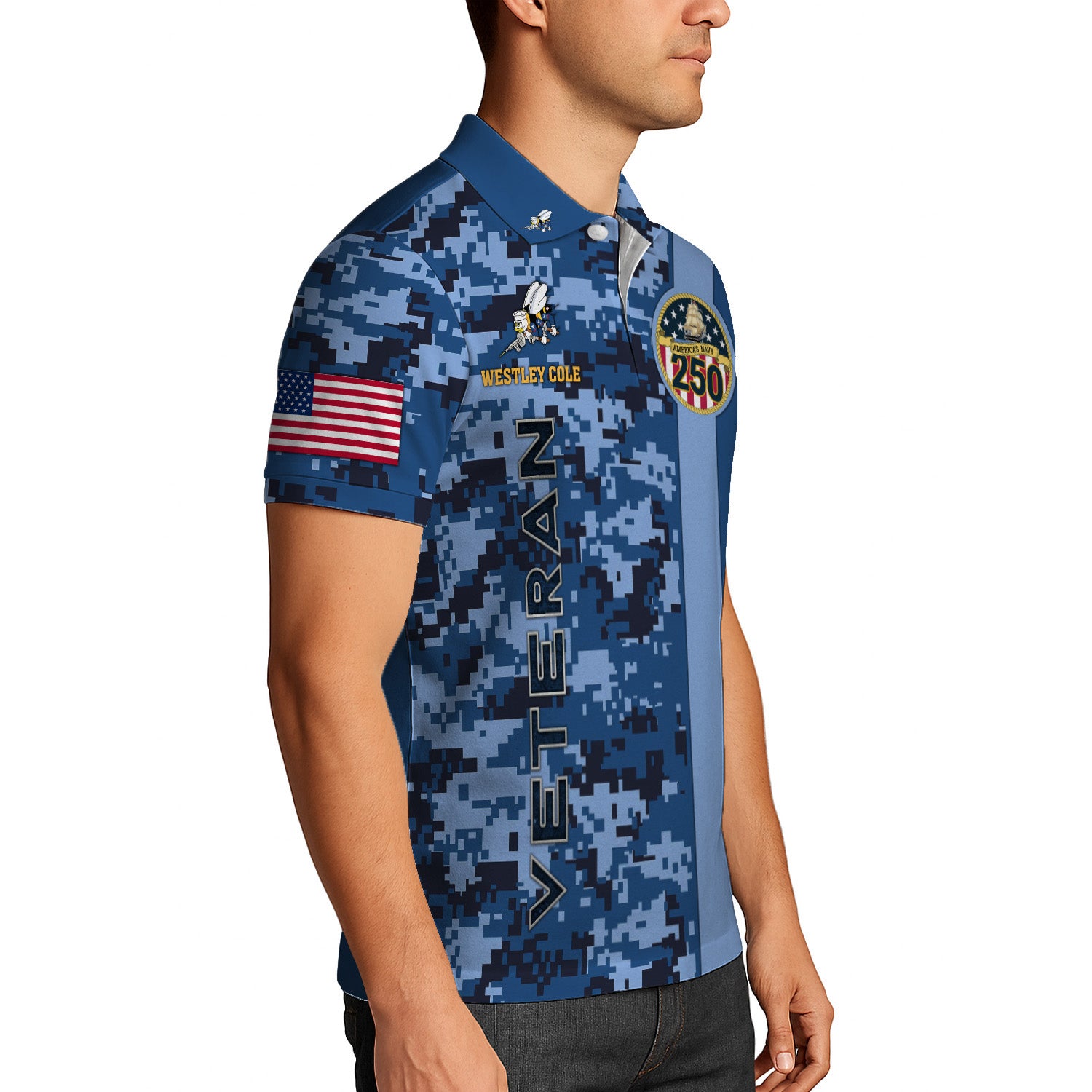Custom Rank & Text Polo Shirt – Digital Camo Veteran Edition with 250th Anniversary