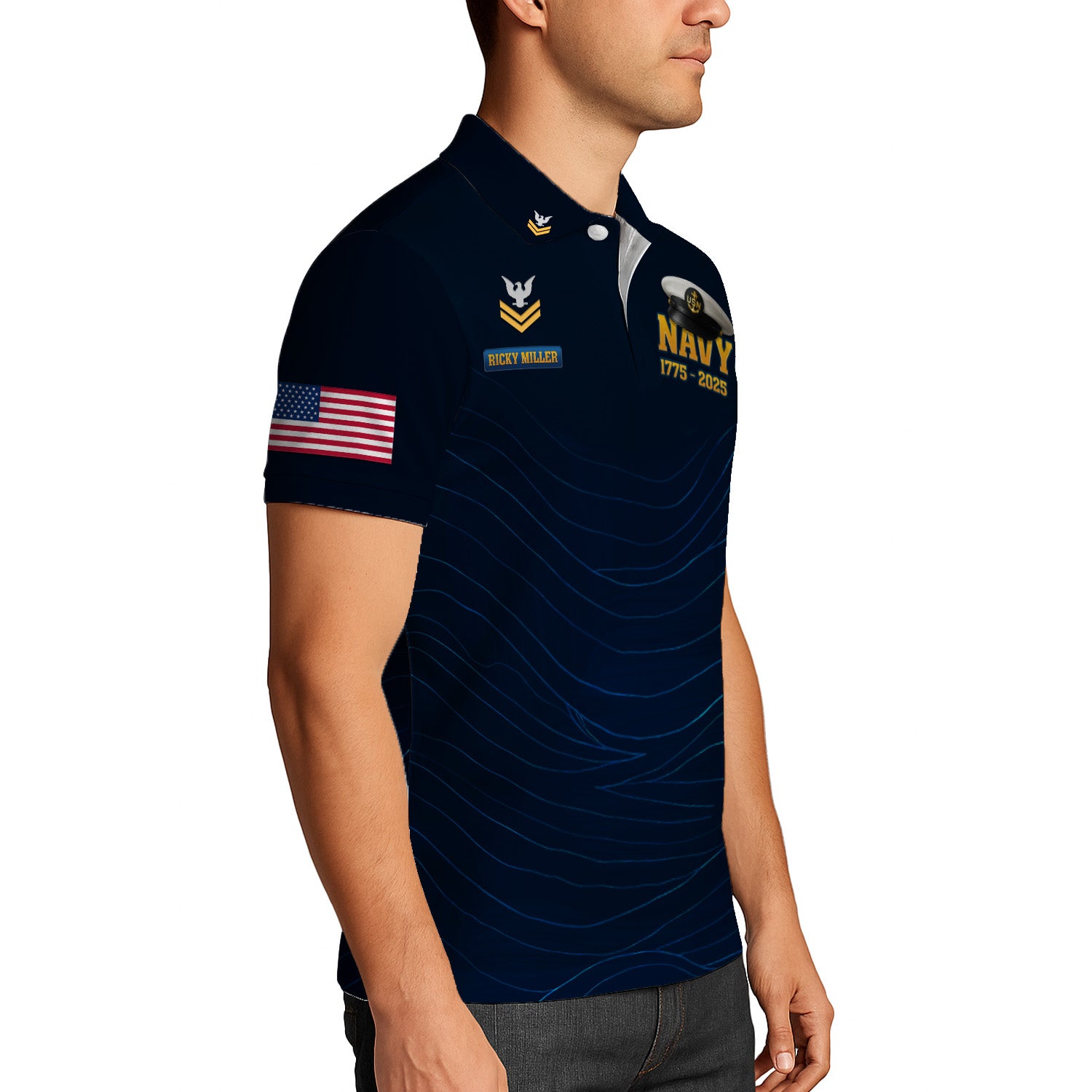 US Navy 250th Anniversary Polo Shirt – Sailor Cap Design with Custom Rank