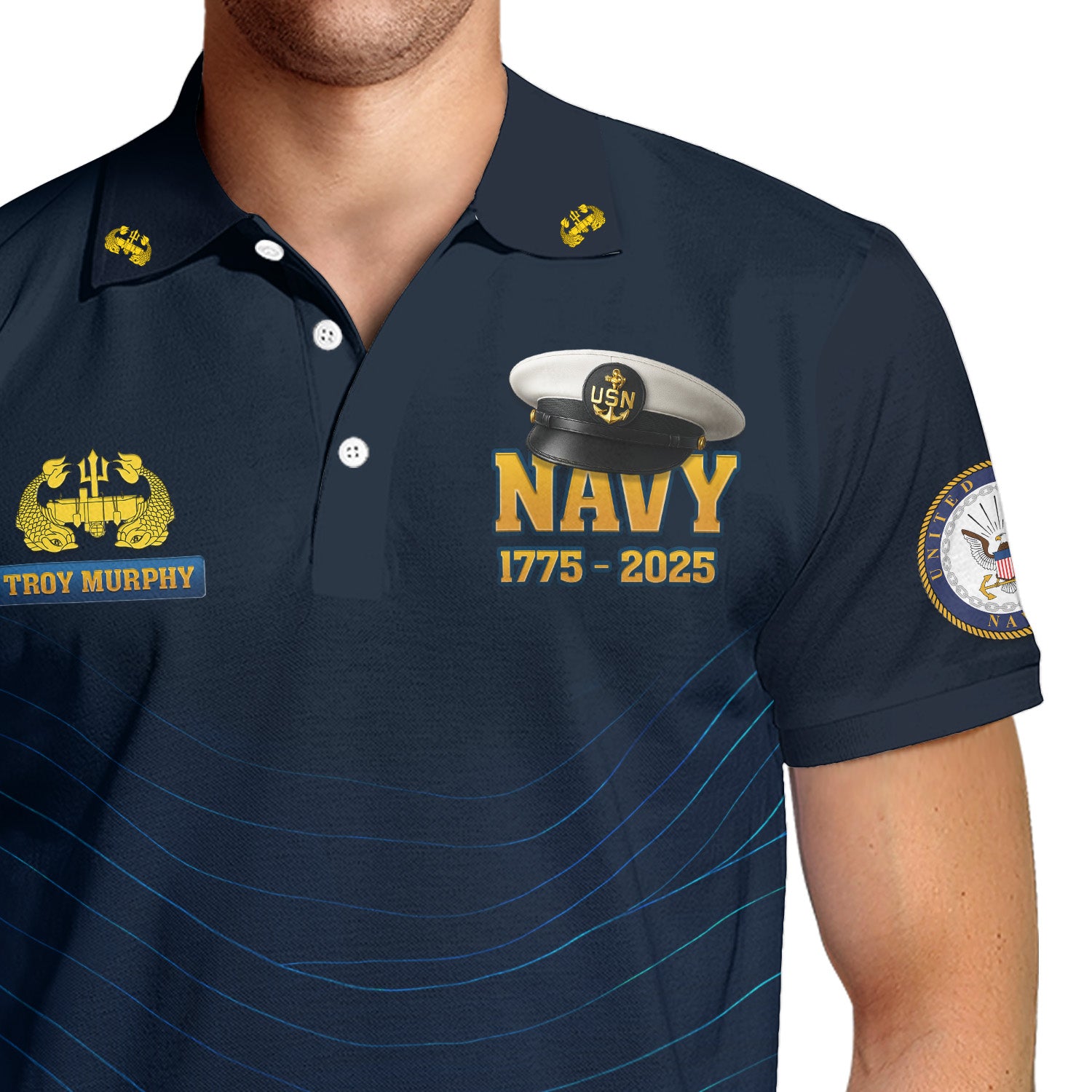 US Navy 250th Anniversary Polo Shirt – Sailor Cap Design with Custom Rank