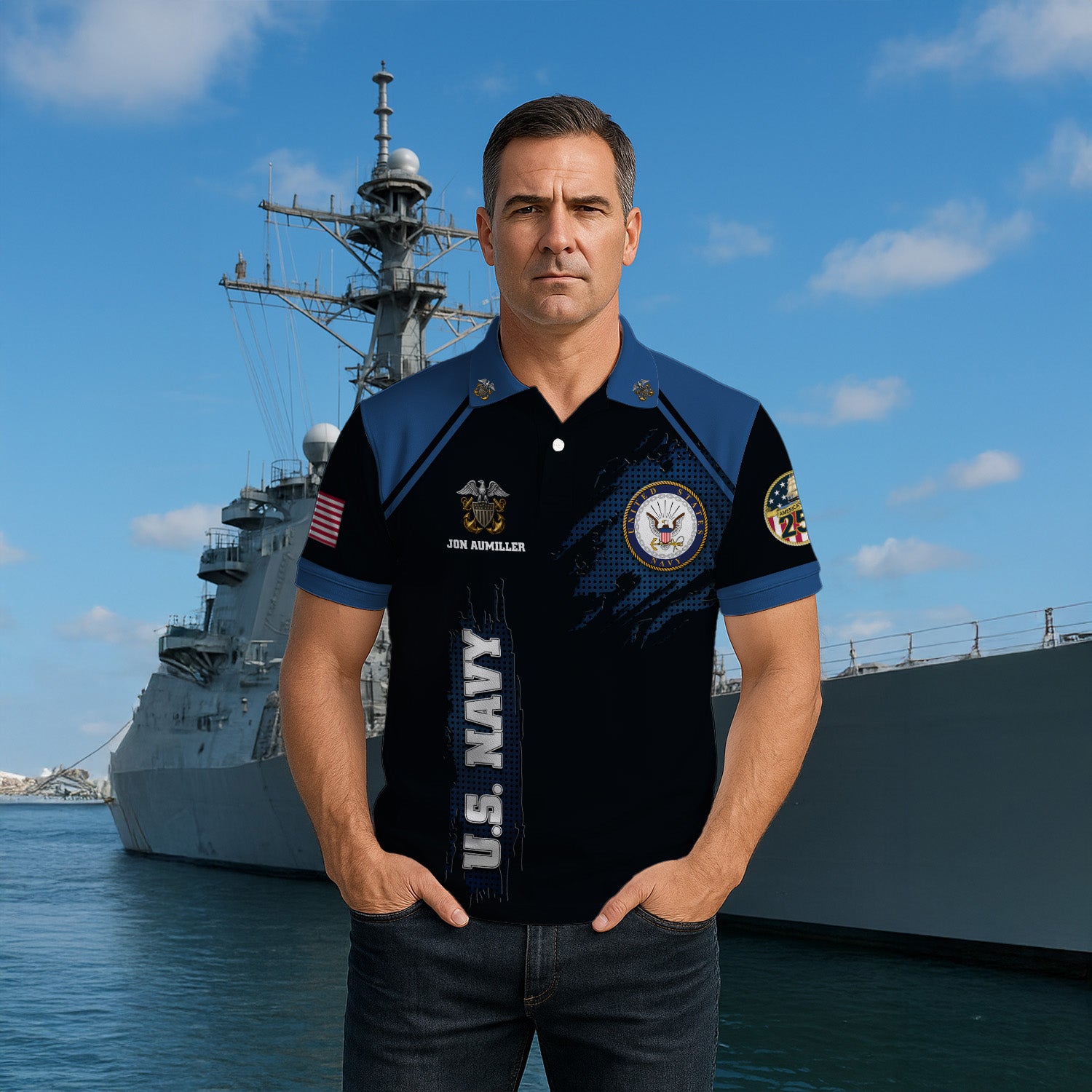 US Navy 250th Anniversary Polo Shirt – Custom Rank & Text Veteran Edition