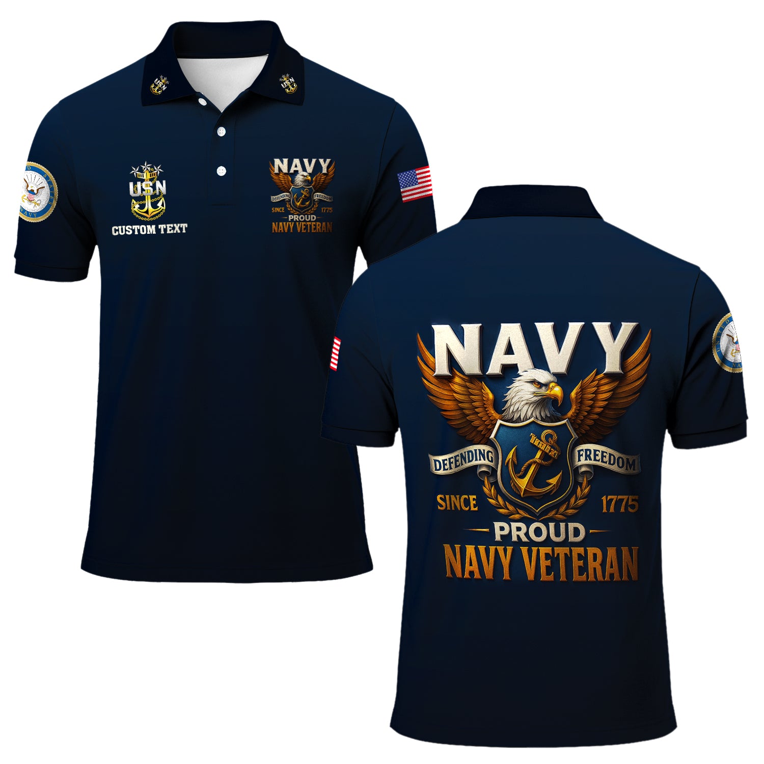 US Navy Veteran Polo Shirt – 250th Anniversary Custom Rank & Text