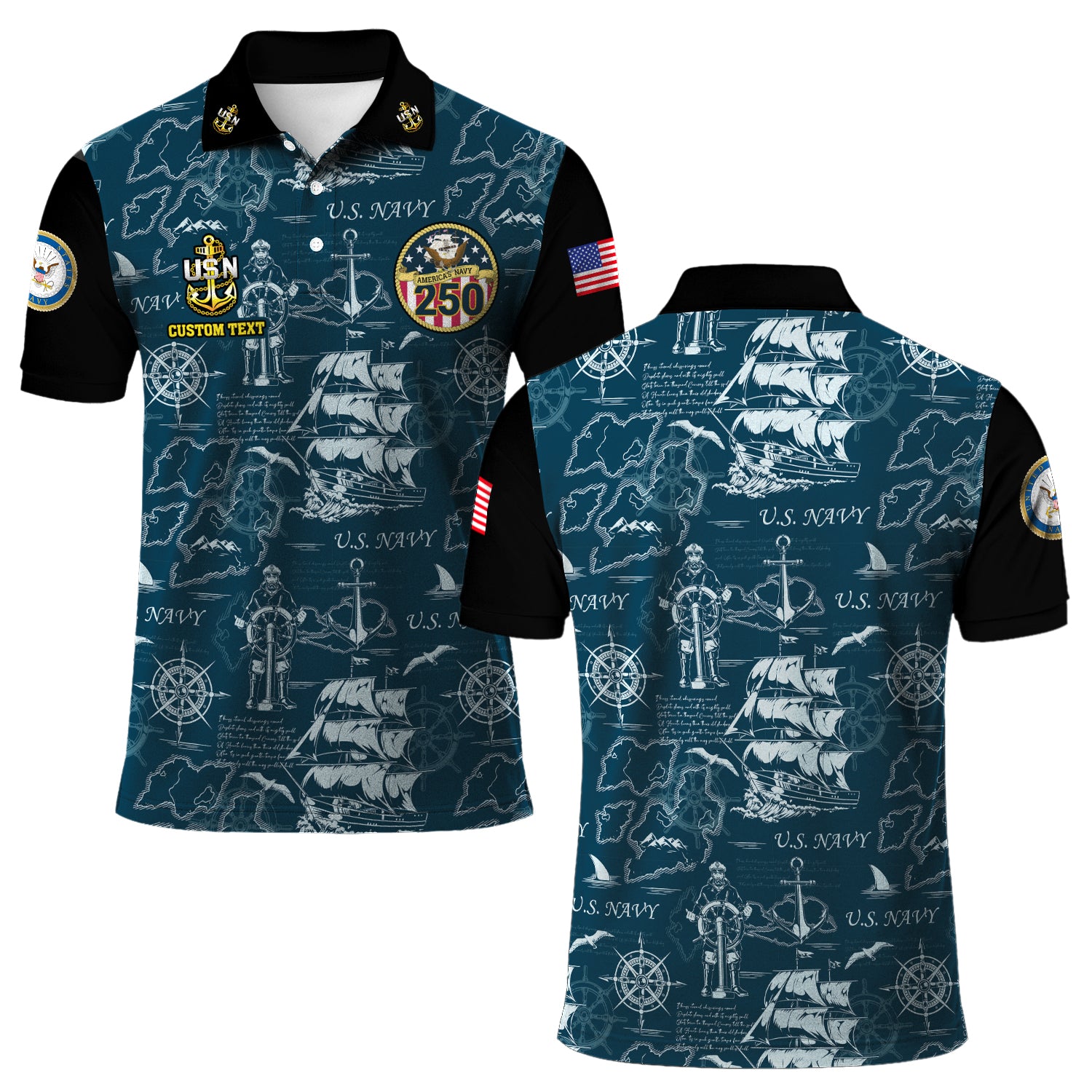 US Navy 250th Anniversary Polo Shirt – Ship Map Design with Custom Rank