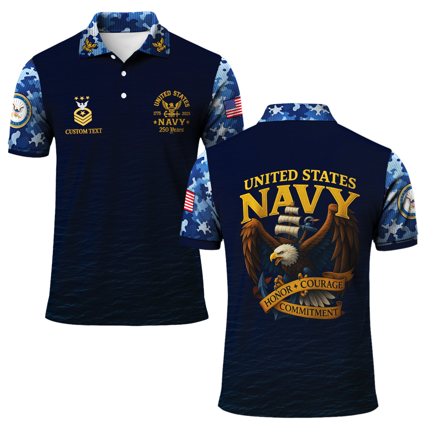 US Navy 250th Anniversary Polo Shirt – Custom Rank & Text with Camo Sleeves