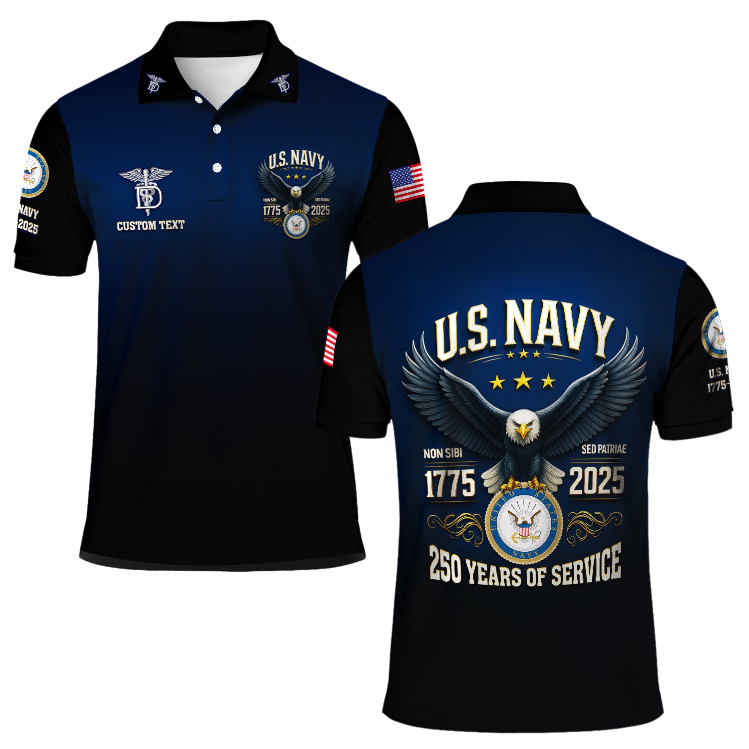 US Navy 250th Anniversary Polo Shirt – Gradient Design with Custom Rank & Text