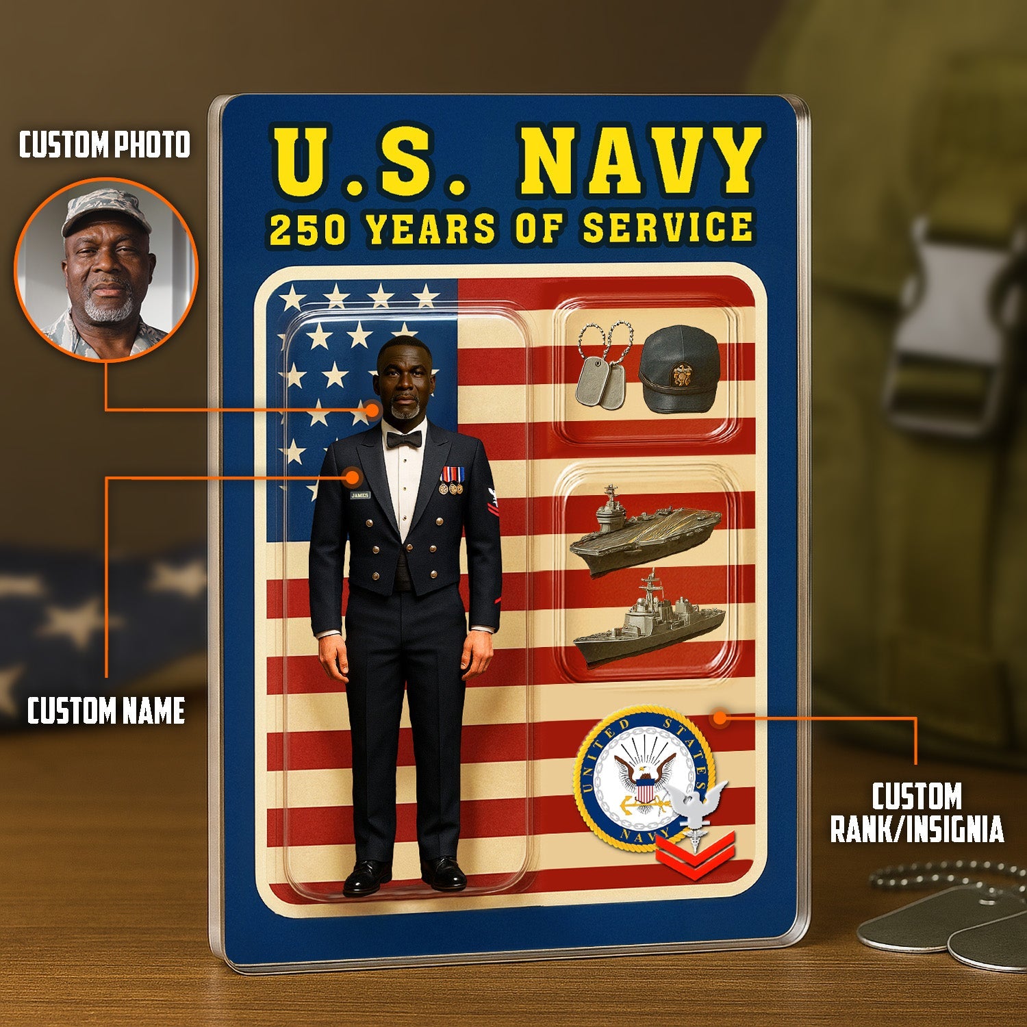 Personalized US Navy 250th Years Of Service Custom Figure Uniform Acrylic Block