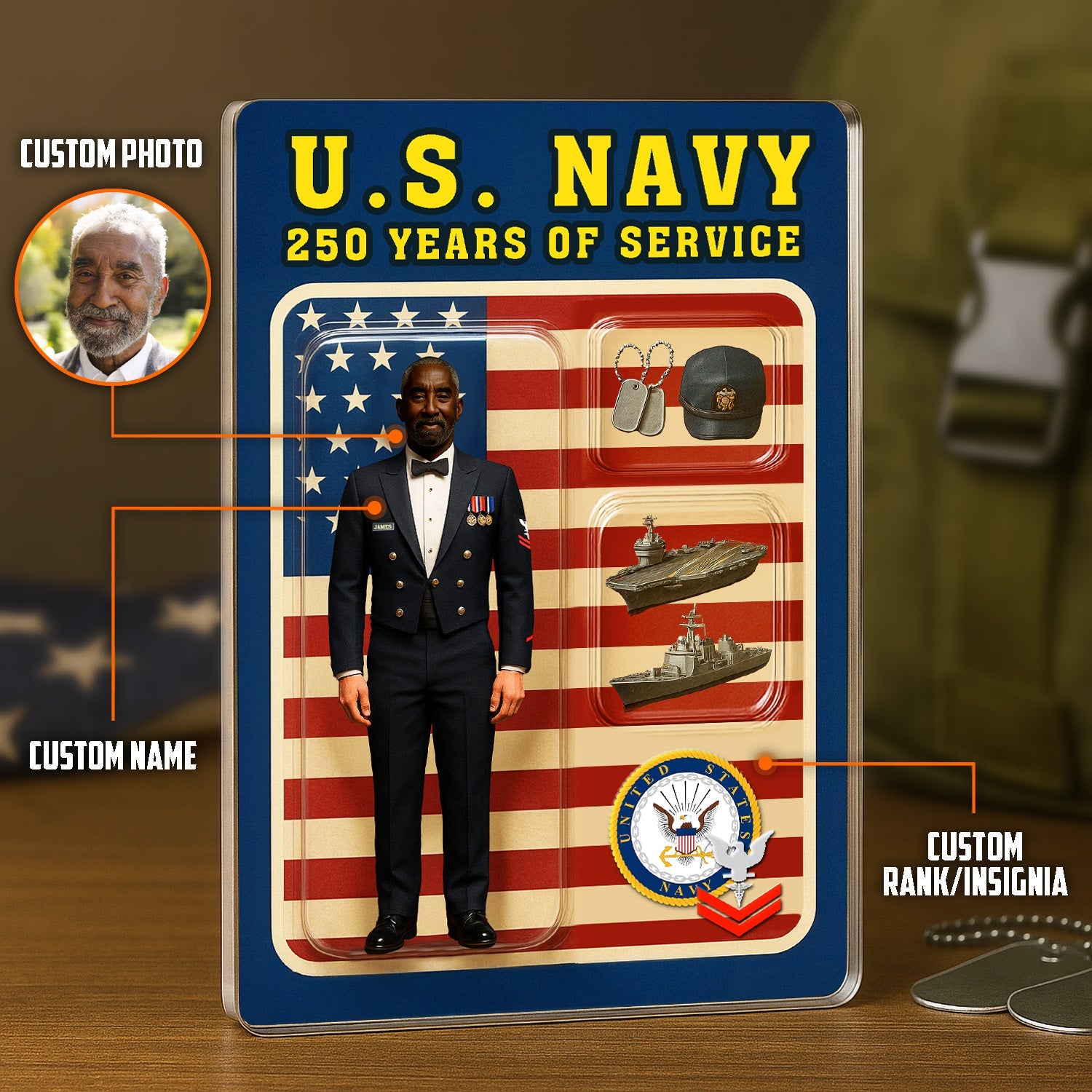 Personalized US Navy 250th Years Of Service Custom Figure Uniform Acrylic Block