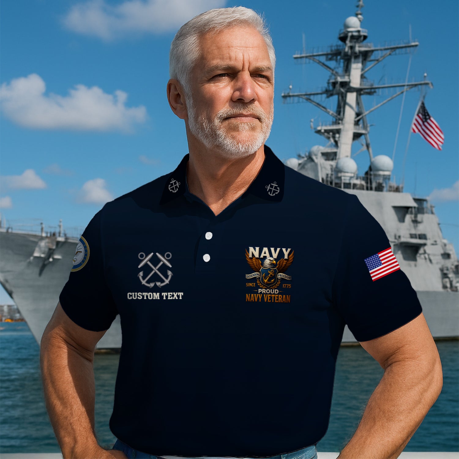US Navy Veteran Polo Shirt – 250th Anniversary Custom Rank & Text