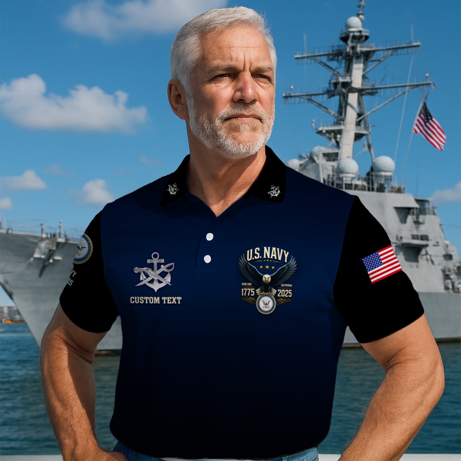 US Navy 250th Anniversary Polo Shirt – Gradient Design with Custom Rank & Text