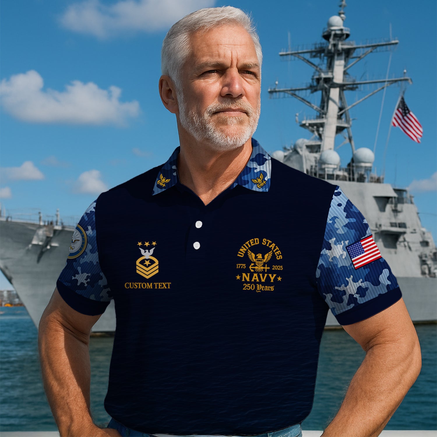 US Navy 250th Anniversary Polo Shirt – Custom Rank & Text with Camo Sleeves