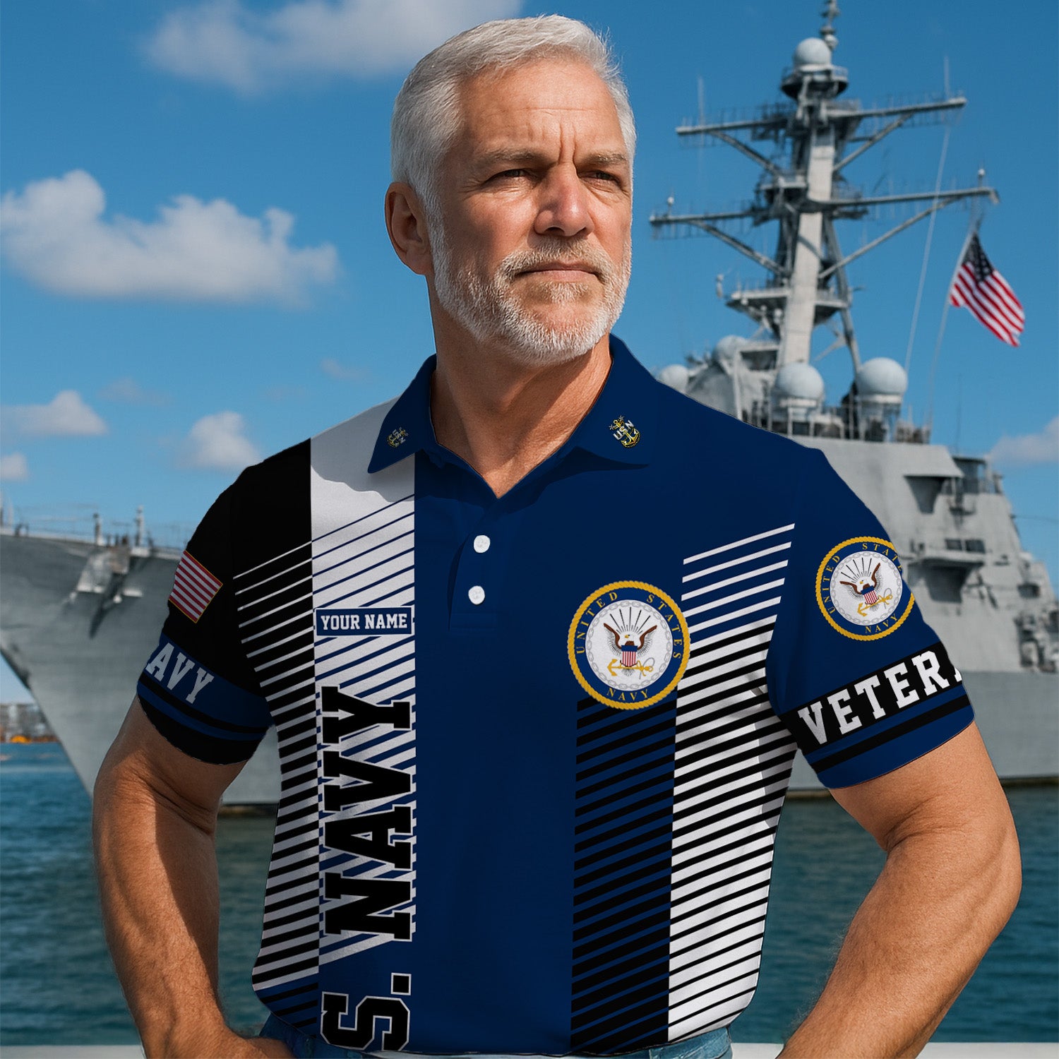 US Navy Veteran Polo Shirt – Modern Stripe Design with Custom Rank & Text