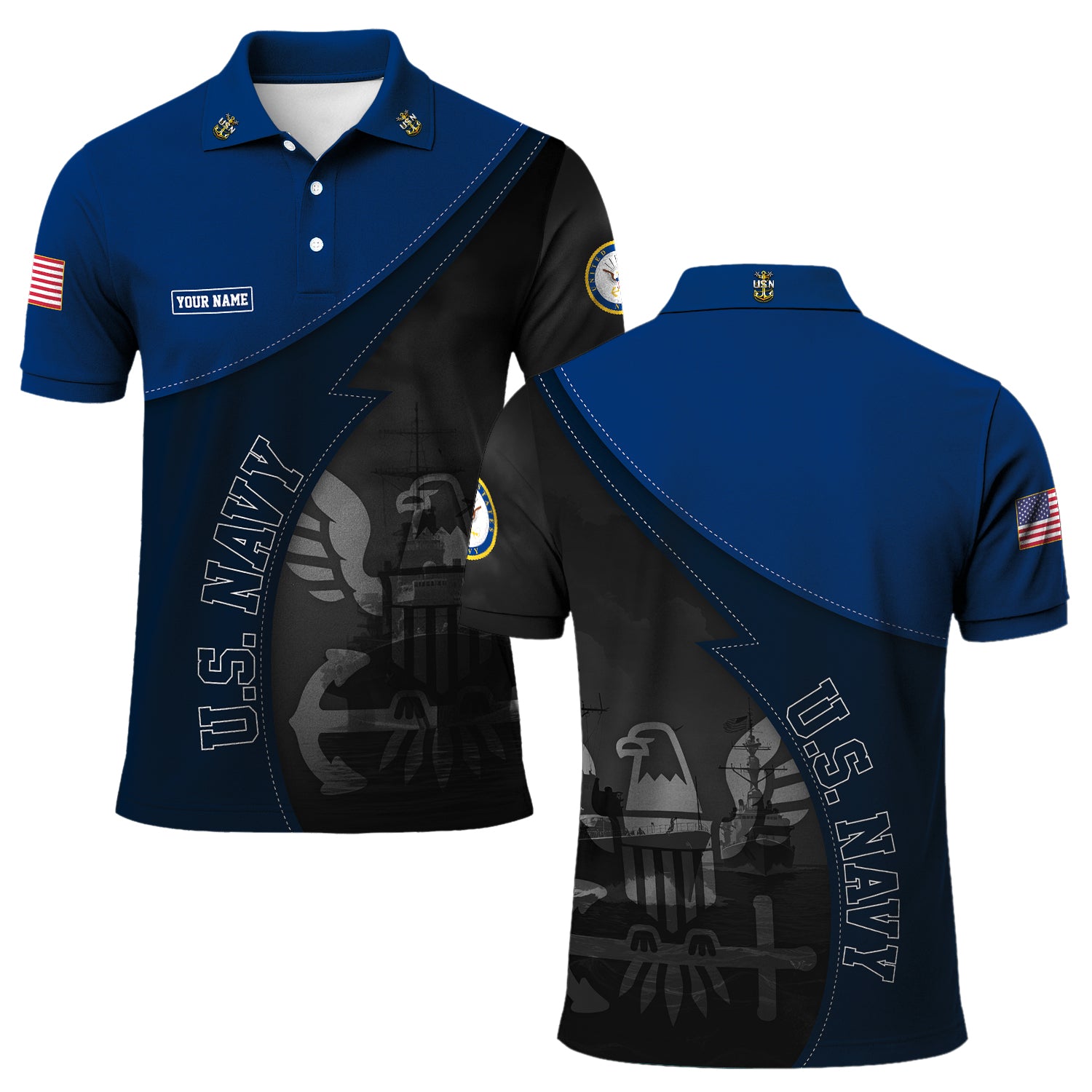 US Navy Polo Shirt – Warship & Eagle Shadow Design with Custom Rank