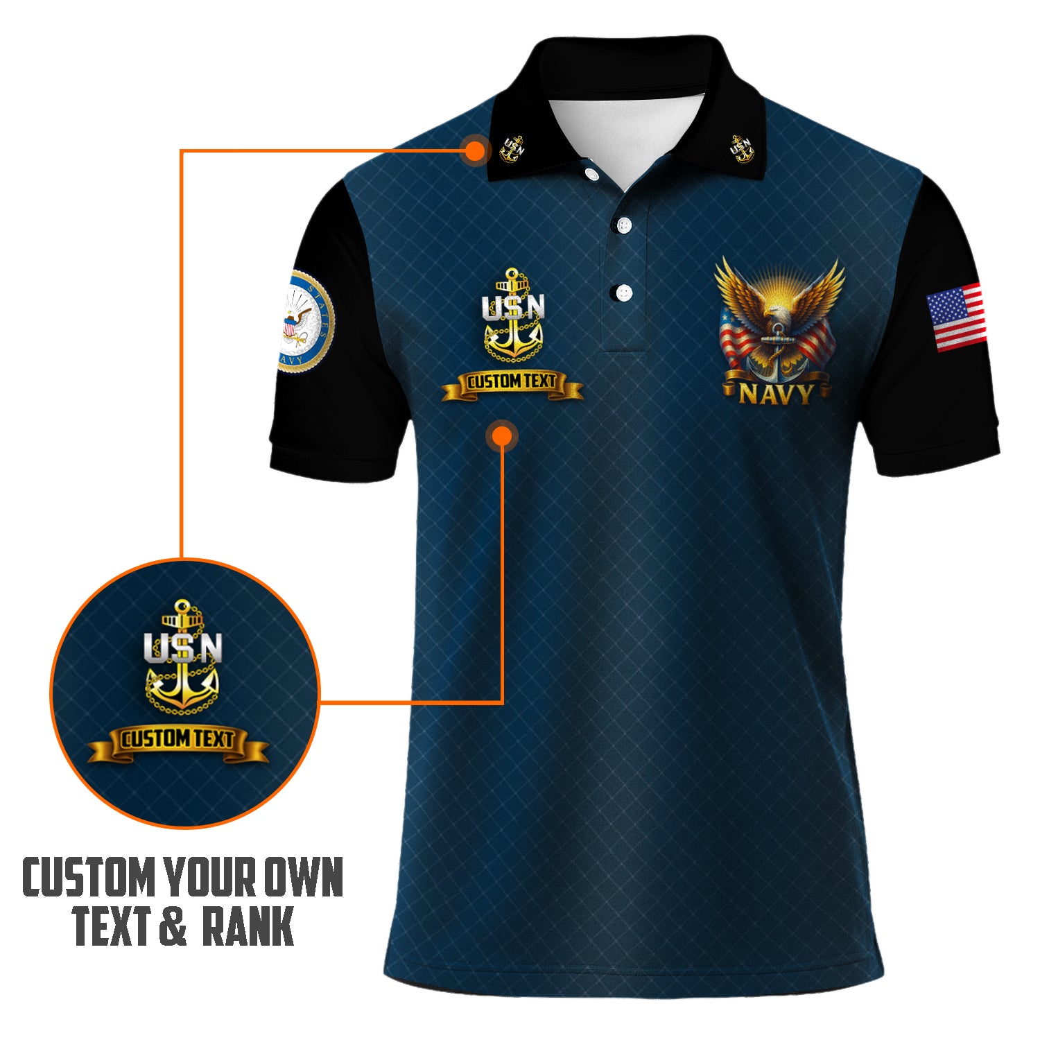 US Navy Polo Shirt – Eagle & Flag Emblem Design with Custom Rank