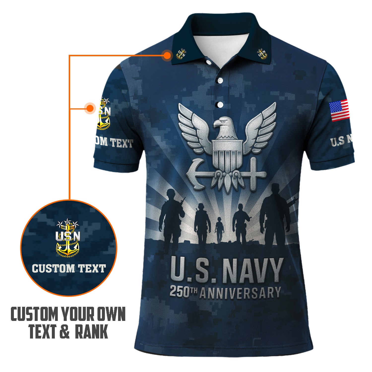US Navy 250th Anniversary Polo Shirt – Eagle Emblem & Sailor Silhouette