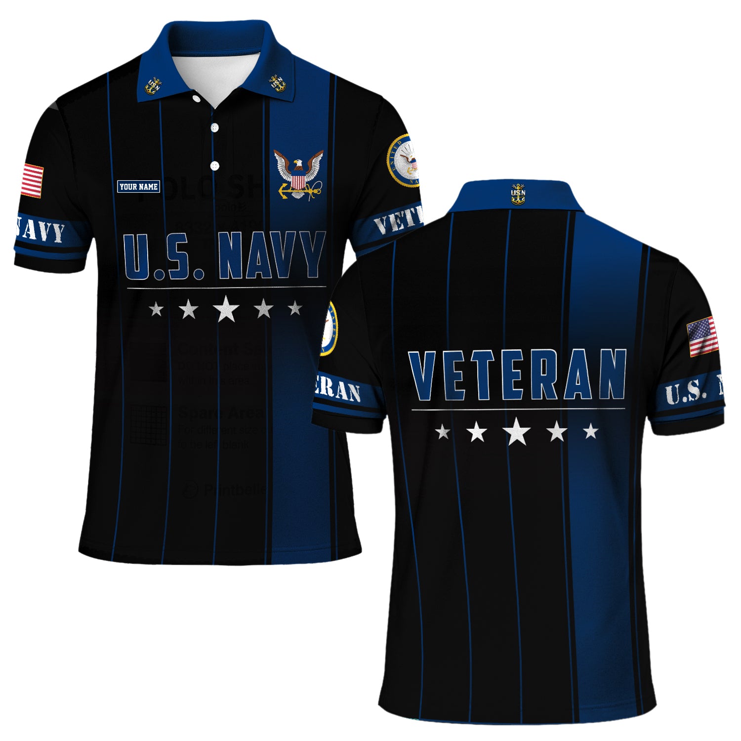 US Navy Polo Shirt – Black & Blue Stripes with Stars Custom Rank